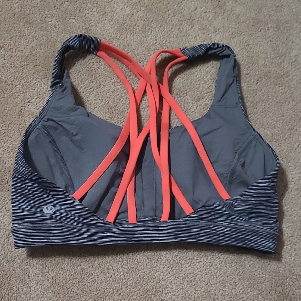 lululemon athletica Gray Striped Sports Bra with Coral Straps